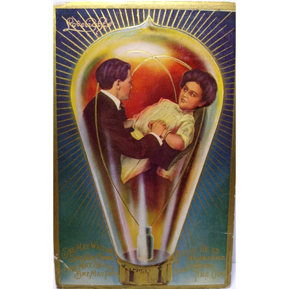 Victorian Couple Inside Light Bulb Fantasy Postcard Romance Lovelights 1909 - Picture 1 of 3